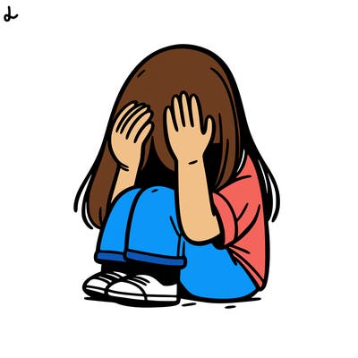 girl sitting down covering her head