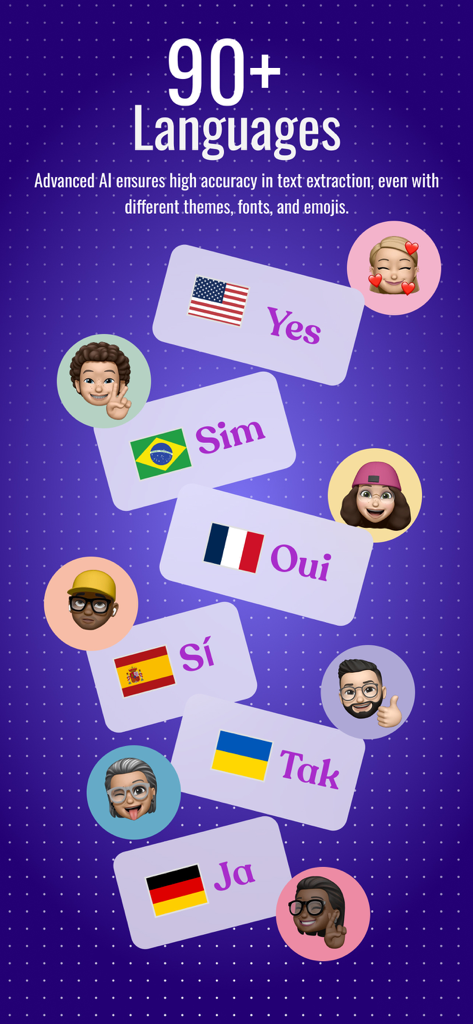 Texporterのスクリーンショットに、チャット履歴からの正確なテキスト抽出のための90以上の言語サポートが表示されている