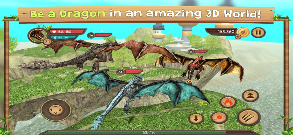Dragon Sim Online - Tres dragones volando en un mundo de fantasía en 3D durante una partida multijugador