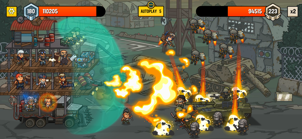 Camp Defense - Uma cena de batalha de defesa de torre em Camp Defense mostrando unidades em um caminhão de vários níveis defendendo contra tropas inimigas e tanques com um escudo de energia protetor.