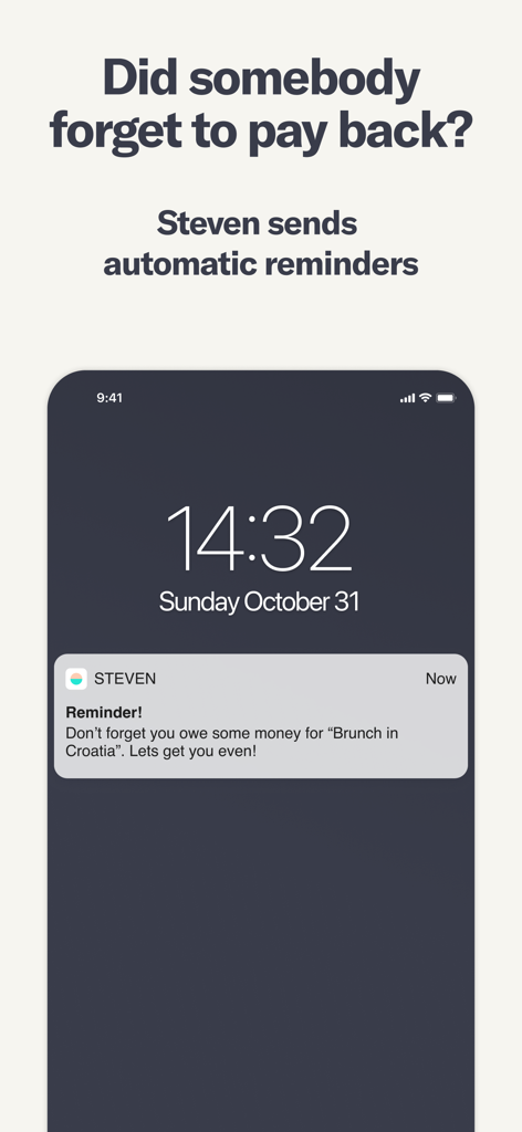 A smartphone lock screen showing a Steven app notification reminding a user to pay back money for a shared expense.