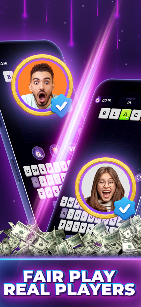 Guess the Word: Play For Cash - Two players competing in a word guessing game with cash prizes and fair play matchmaking