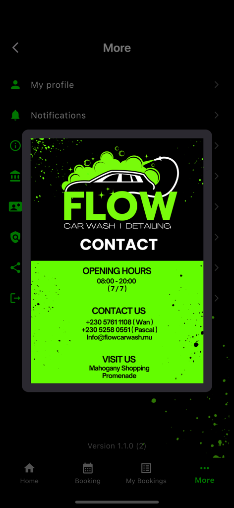 Flow Car Wash - Flow Car Wash contact screen showing opening hours, phone numbers, and location details.
