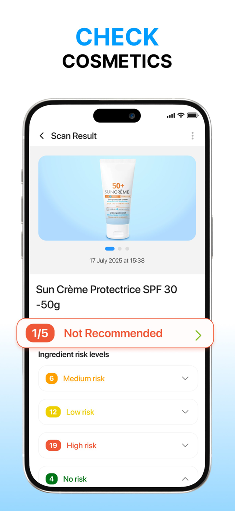 Mobile app screen showing cosmetic ingredient risk levels and product recommendation