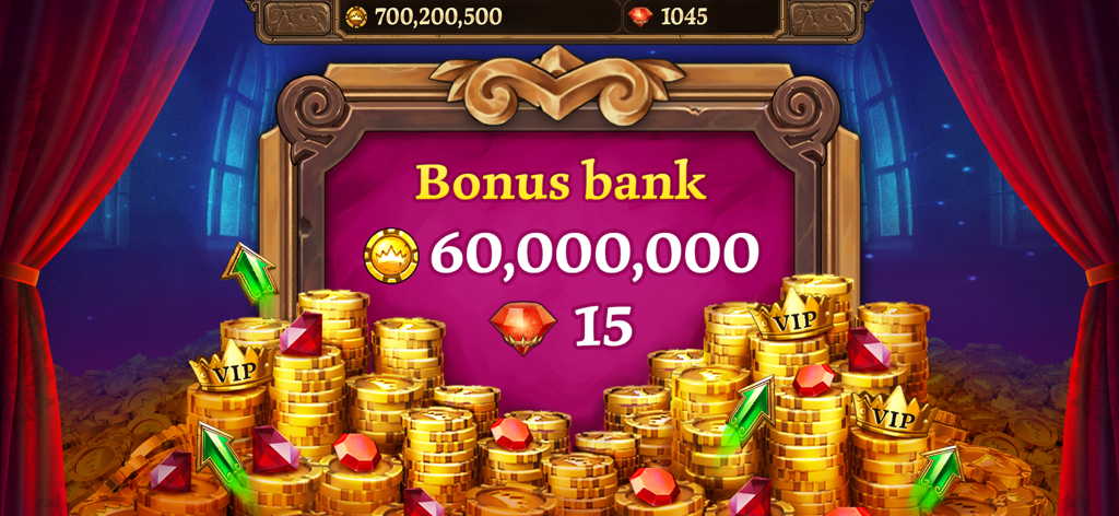 A game screen for Scatter Holdem Poker showing a bonus bank of 60 million free chips and 15 gems with piles of gold coins and red jewels