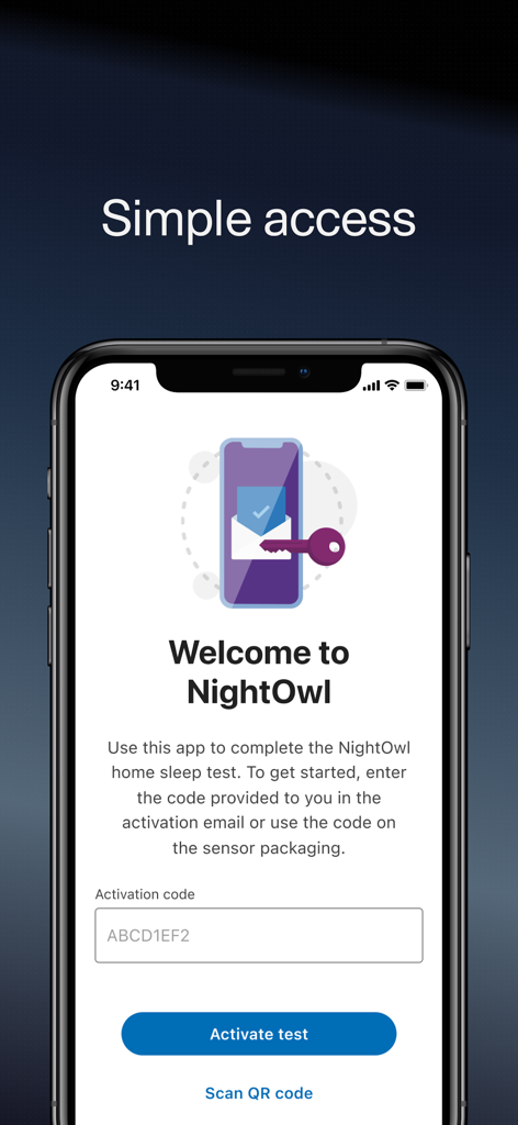 NightOwl Companion - NightOwl Companion app welcome screen showing the activation code input field and activate test button.