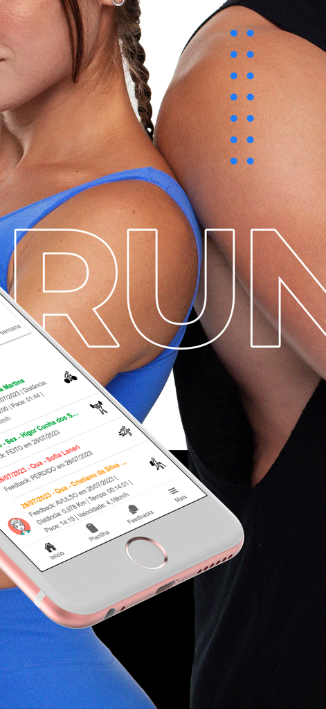 SisRUN Coach - Smartphone exibindo a interface de gestão de atletas e cronograma de treino do aplicativo SisRUN Coach