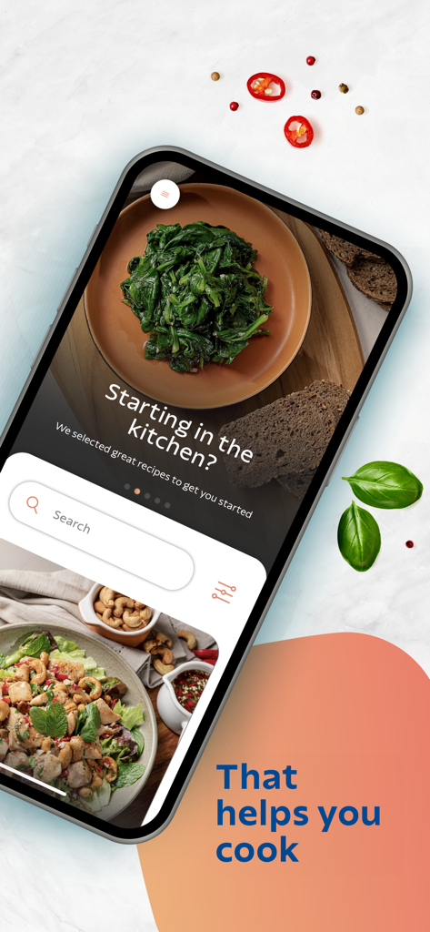 Tramontina Guru - Tramontina Guru mobile app interface displaying a search bar and healthy recipe suggestions for beginning cooks.