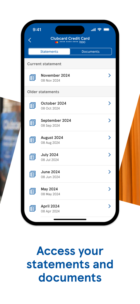 Smartphone screen showing monthly credit card statements in the Tesco Bank app