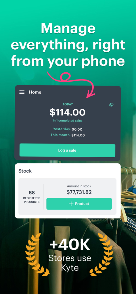 Kyte: POS, Inventory and Store - Kyte mobile app interface for tracking sales and managing store inventory.