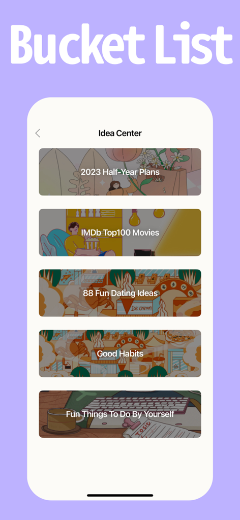 Goalday app screenshot showing the Idea Center with curated bucket lists including movies, dating ideas, and habits.
