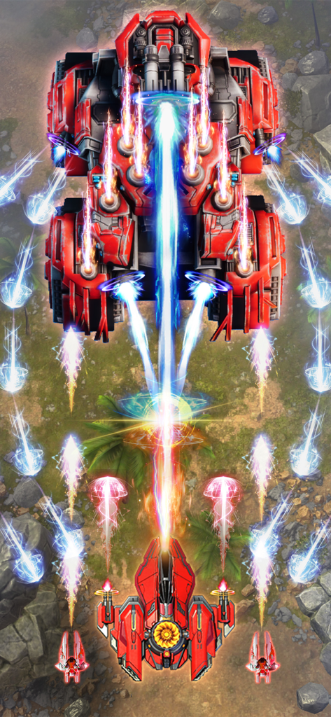 Um jato de combate vermelho dispara um raio azul contra um tanque chefe massivo com armadura vermelha em um jogo de tiro vertical.