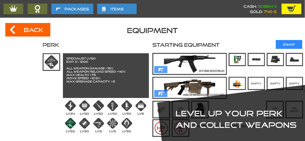 Stick Warfare Blood Strike equipment menu screen showing specialist perk level and starting weapons like shotgun and grenade launcher
