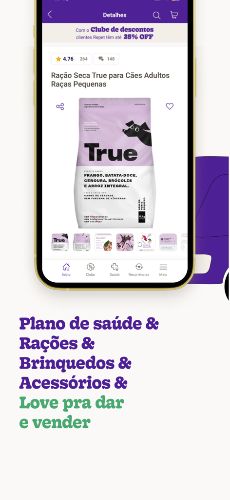 Petlove mobile app displaying a dry dog food product page with customer ratings and discount club benefits