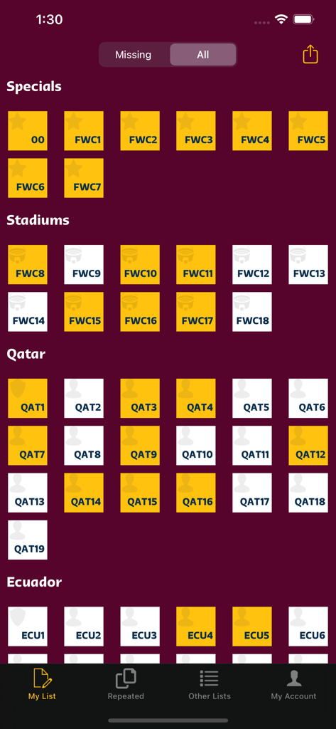 Sticker Album Collection - Tela do aplicativo móvel mostrando uma lista de verificação digital para acompanhar figurinhas de esportes coletadas e em falta.