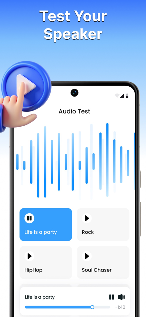Water Eject: Clean Speaker - Smartphone-Bildschirm, der eine Audiotest-Oberfläche mit Schallwellen und Musikgenre-Kacheln zur Überprüfung der Lautsprecherqualität anzeigt.