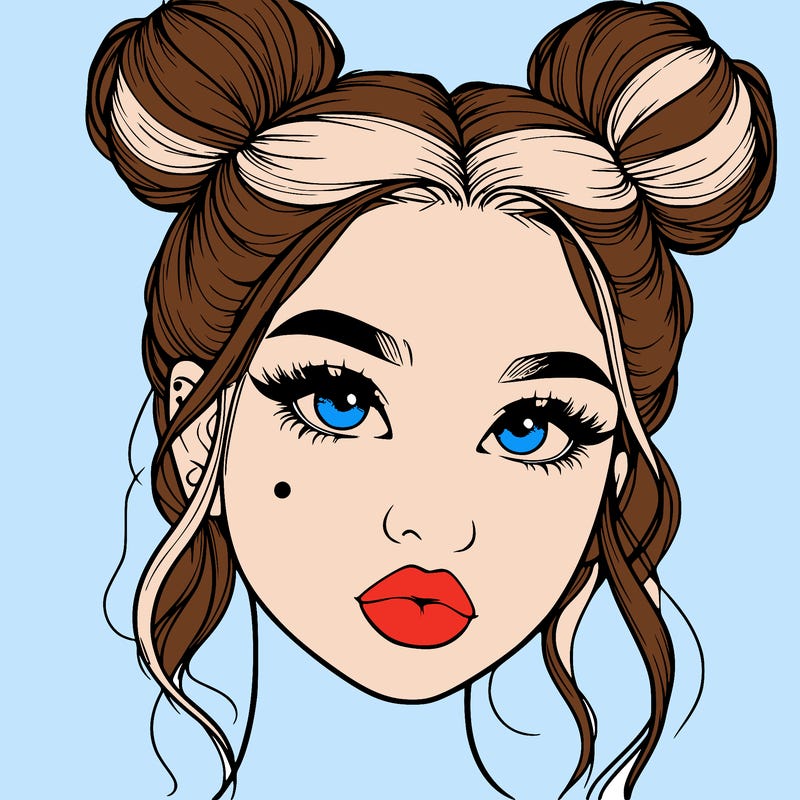 realistic girl with two buns on her hair and lips