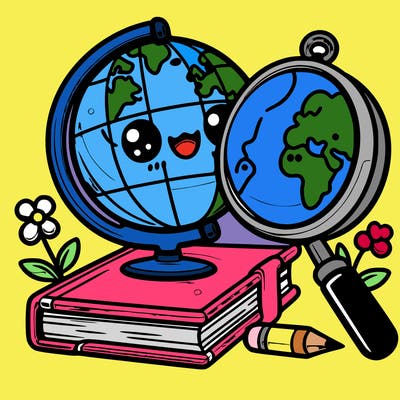 globe with magnify glass and book