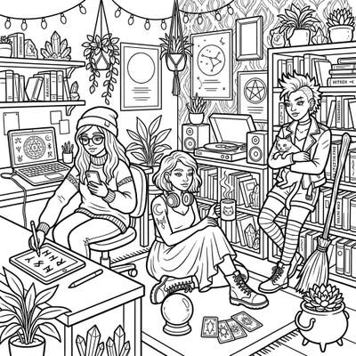 Immerse yourself in the enchanting world of modern witches with this detailed coloring page. Discover a captivating scene where ancient magic meets contemporary life, perfect for adult colorists seeking a creative escape.