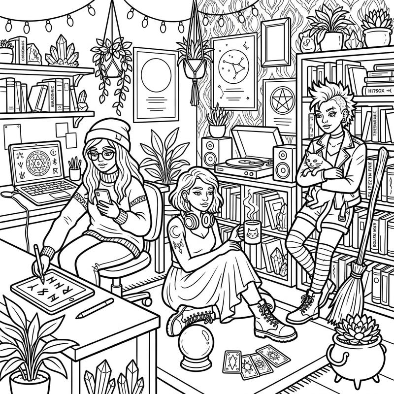 Immerse yourself in the enchanting world of modern witches with this detailed coloring page. Discover a captivating scene where ancient magic meets contemporary life, perfect for adult colorists seeking a creative escape.