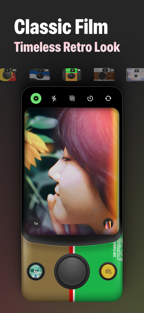 Poka Cam: Disposable Film Cam - Smartphone screen showing Poka Cam app interface with a retro disposable camera design and a vintage film photo effect