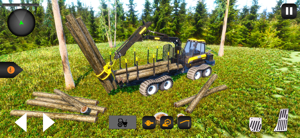 Tractor Farming Simulator 23 - Una máquina forestal amarilla y negra cargando troncos en un remolque en un claro del bosque.