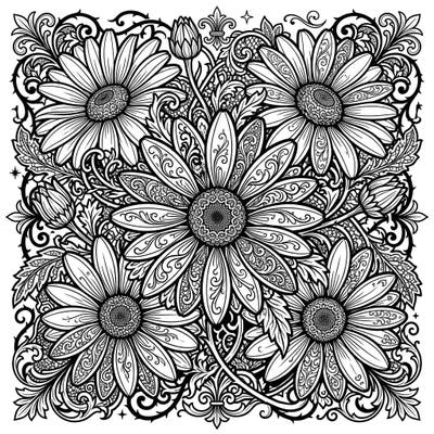 Dive into the mysterious beauty of nature with this exquisite Gothic daisy coloring page. Explore intricate floral patterns and ornate Victorian-inspired details designed for a captivating coloring experience.
