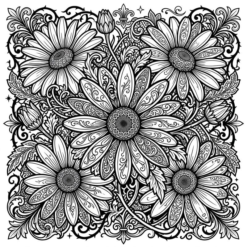 Dive into the mysterious beauty of nature with this exquisite Gothic daisy coloring page. Explore intricate floral patterns and ornate Victorian-inspired details designed for a captivating coloring experience.