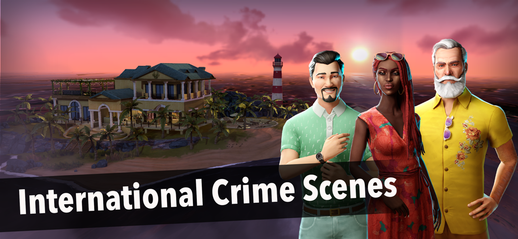 Clue - Three Clue characters standing in front of a tropical mansion and lighthouse at sunset under the text International Crime Scenes.