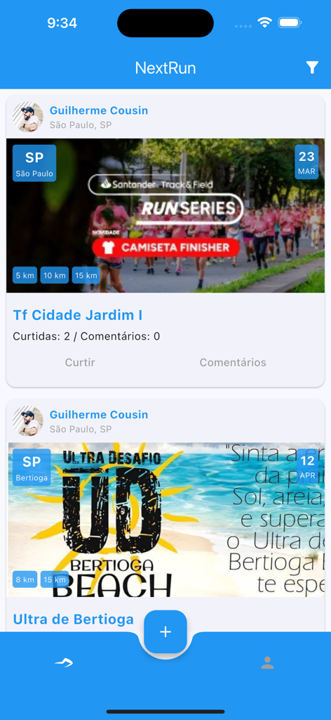 NextRun - Application mobile NextRun affichant divers événements de course avec informations sur le lieu et la date