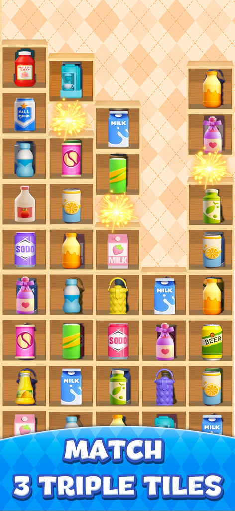 Triple matching puzzle game with 3D grocery items on wooden shelves