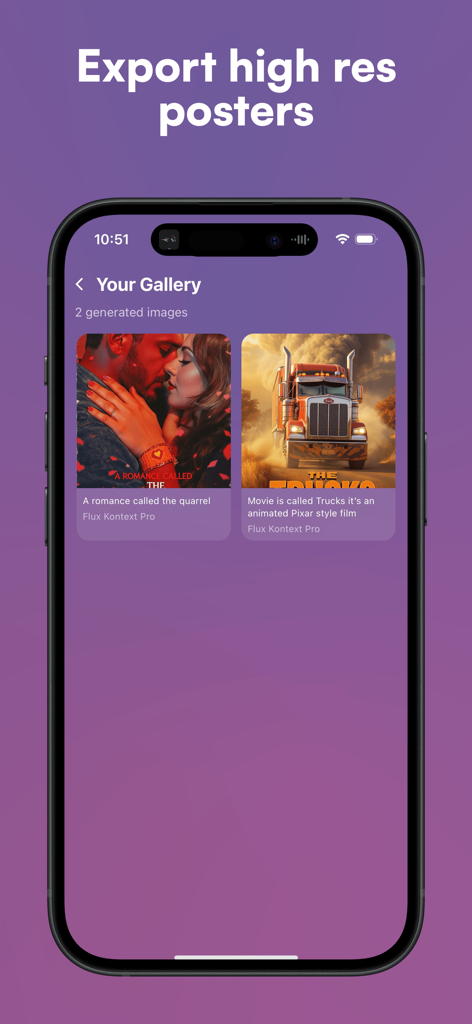 Posta - AI Poster Designer - Posta app interface displaying a gallery of AI-generated cinematic posters with options to export in high resolution.