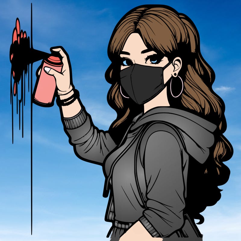 realistic girl with mask spray painting a wall