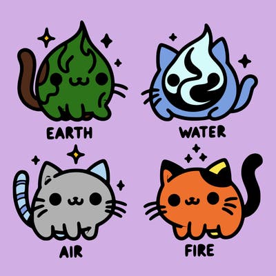4 cats that represent the different elements, earth, water, air, and fire