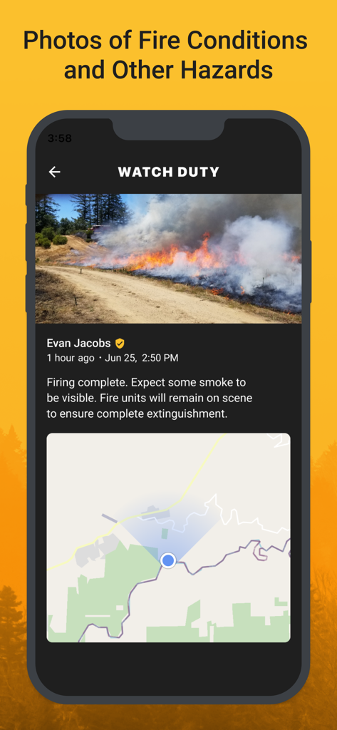 Watch Duty: Wildfire Maps - Smartphone showing a wildfire photo and real-time hazard status update in the Watch Duty app
