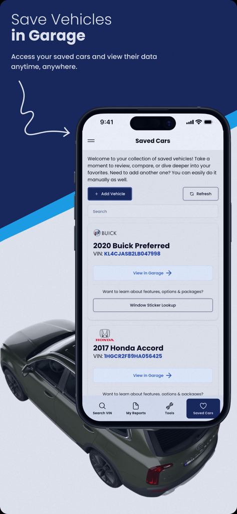 Tela de aplicativo móvel mostrando uma lista de carros salvos em uma garagem digital para fácil acesso ao histórico do veículo