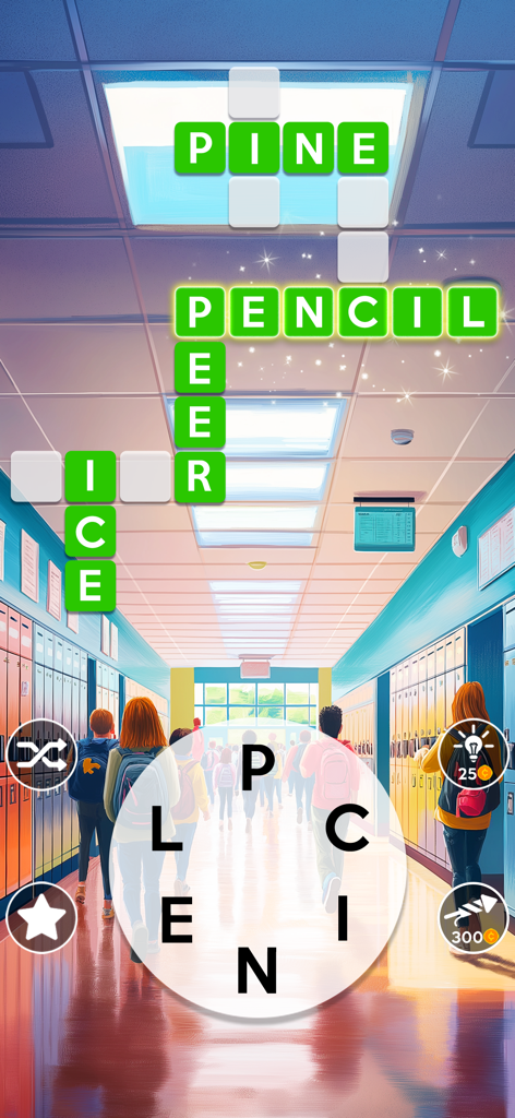 Wordscapes crossword puzzle gameplay with a school hallway background.