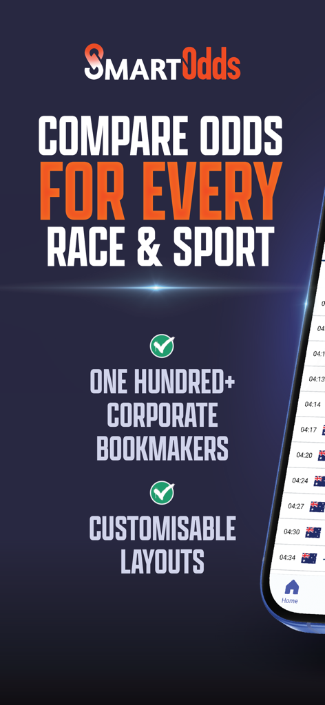 SmartOdds app promotional screen highlighting odds comparison for sports and races from over one hundred bookmakers with customizable layouts.