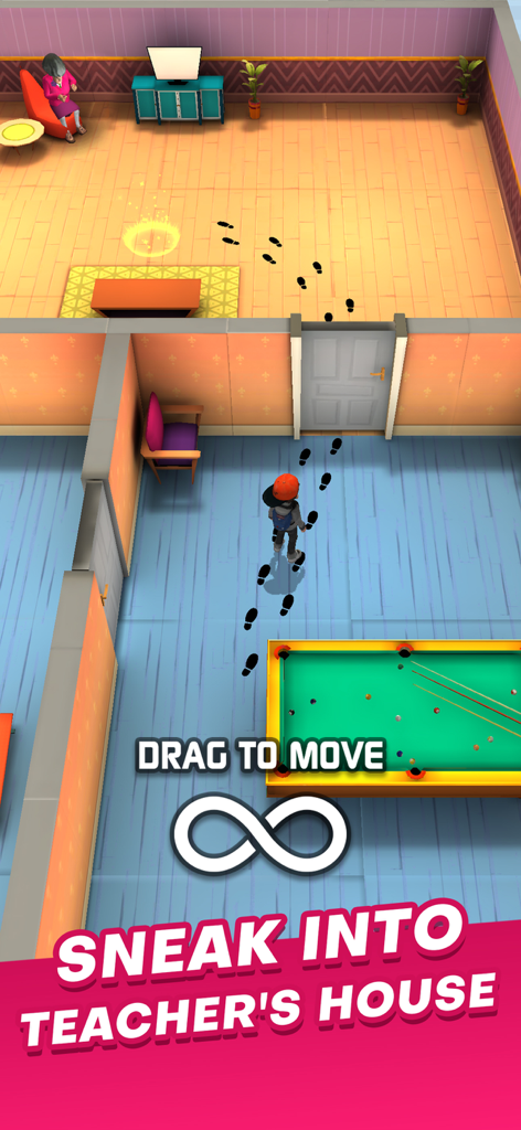 Hide and Prank - Vista de arriba hacia abajo de un personaje escabulléndose en una casa pasando a una maestra con controles de arrastrar para mover.