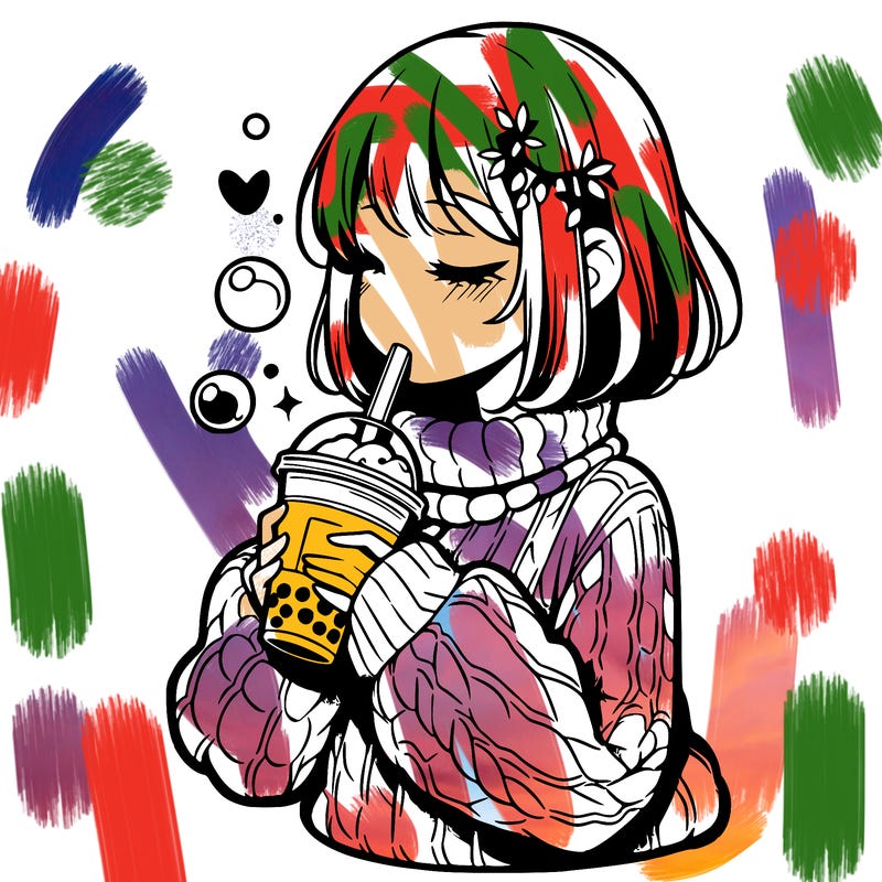 manga girl drinking boba in cozy sweater