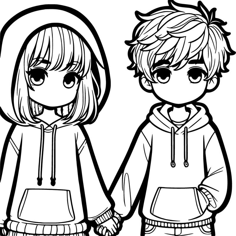 a girl with almost less than medium length hair that is feathered with a hoodie, accompanied by a boy with messy short hair, freckles, and a hoodie. they are holding hands.