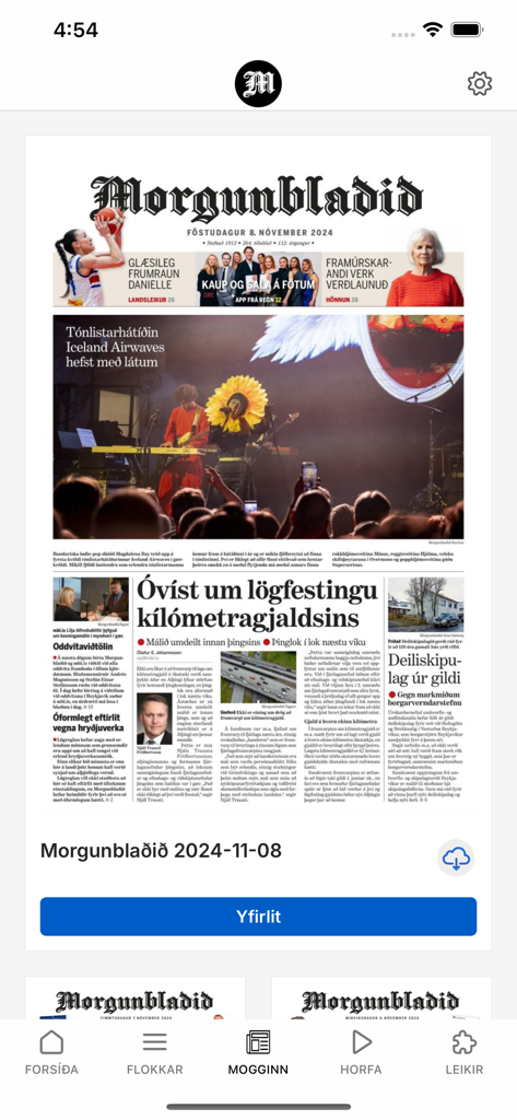 Mogginn app showing the front page of the Morgunbladid newspaper