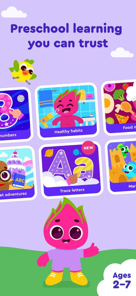 Keiki Learning games for Kids - Keiki app dashboard showing preschool educational games like tracing letters and numbers for kids ages 2-7