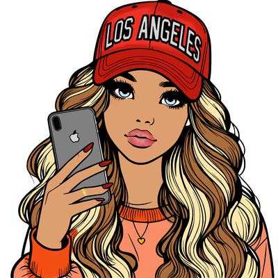 realistic beautiful girl wearing los ángeles cap holding an iphone