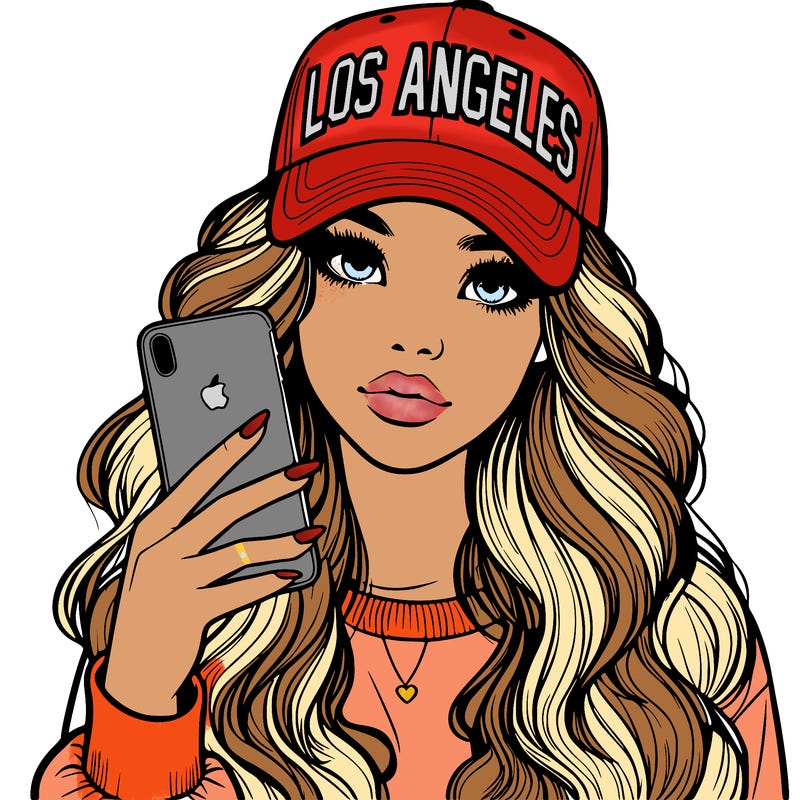 realistic beautiful girl wearing los ángeles cap holding an iphone