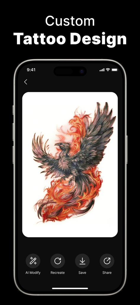 ArtReel: AI Tattoo Design - A detailed phoenix tattoo design displayed on a mobile phone within the ArtReel AI app