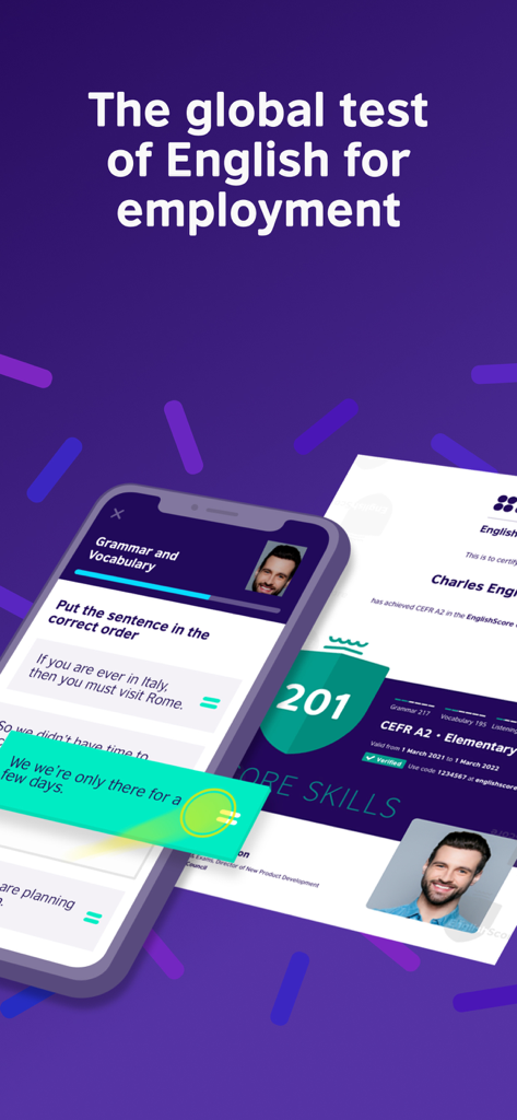 Smartphone che mostra un test di inglese accanto a un certificato professionale EnglishScore per l'impiego