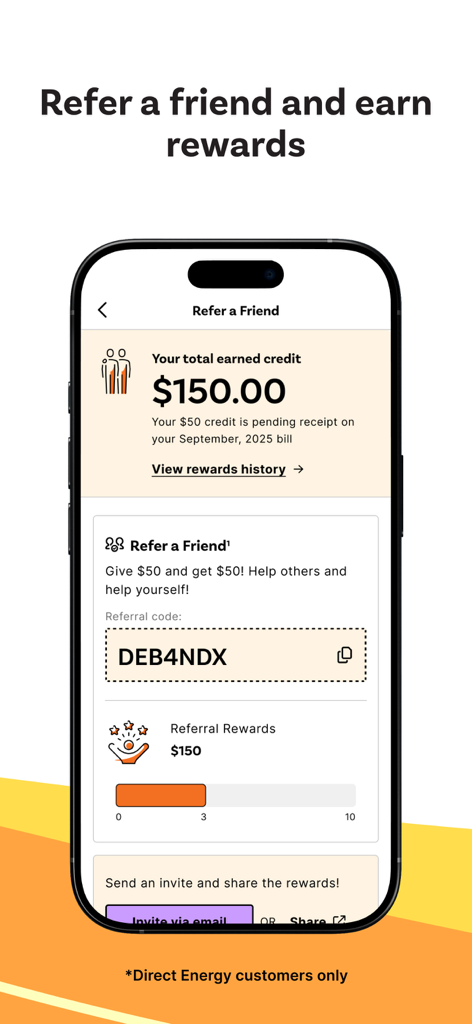 Direct Energy Canada - Refer a Friend screen in the Direct Energy Canada app displaying earned rewards and referral code