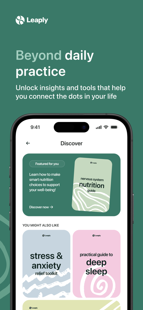 Leaply app Discover screen featuring nutrition stress and sleep guides