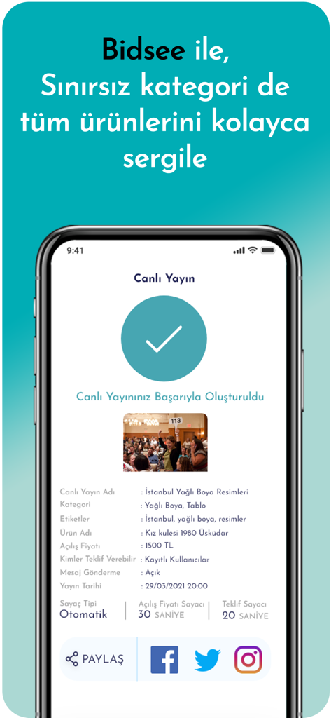 Confirmation screen for creating a live auction on Bidsee